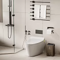 Modern Bathroom With White Toilet Light Tiled Walls Toilet Paper Holder And Trash Bin