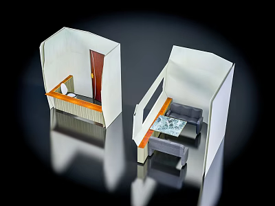Modern Public Restroom Interior Design With Stalls Washbasins And Seating Layout 3d model