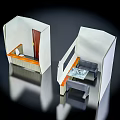 Modern Public Restroom Interior Design With Stalls Washbasins And Seating Layout