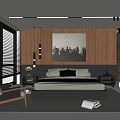 Modern Bedroom Interior With Wooden Walls Large Artwork Bed Nightstands And Window Blinds