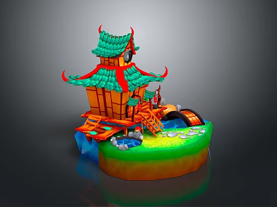 Traditional Chinese Pavilion Featuring Green Tiled Roof Red Accents Wooden Structure And Water Features 3d model