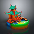 Traditional Chinese Pavilion Featuring Green Tiled Roof Red Accents Wooden Structure And Water Features