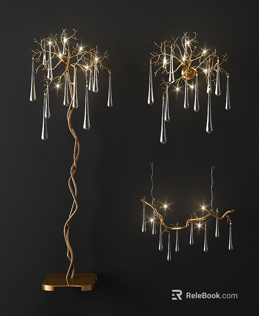 Golden Lighting Combinations Branch Shaped Floor Lamp Crystal Teardrop Pendant Lights With Twisted Illuminated Decorations 3d model 