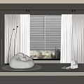 Modern Curtains and Roller Blinds in Cozy Room with Bean Bag Chair Bookshelf Wooden Floor