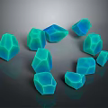 Blue Glassy Polyhedral Shapes Scattered on Dark Reflective Surface with Sharp Geometric Angles 3d model
