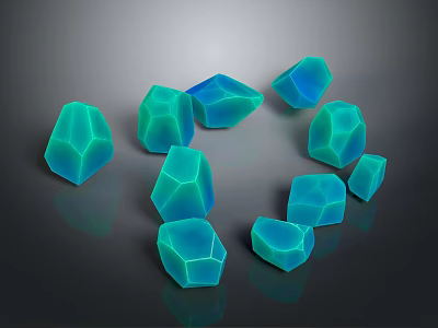 Blue Glassy Polyhedral Shapes Scattered on Dark Reflective Surface with Sharp Geometric Angles 3d model