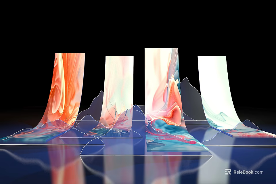Colorful Flowing Fabric-like Modern Art Installation Photo Spot With Shiny Reflective Base 3d model 