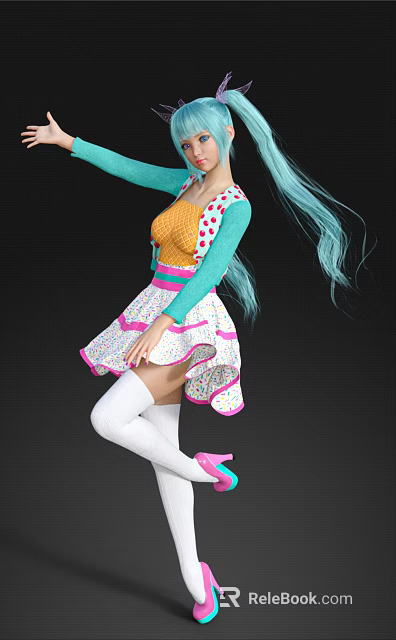 Woman With Blue Long Hair Wearing Colorful Polka Dot Dress And White Thigh High Socks 3d model 