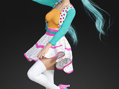 Woman With Blue Long Hair Wearing Colorful Polka Dot Dress And White Thigh High Socks 3d model
