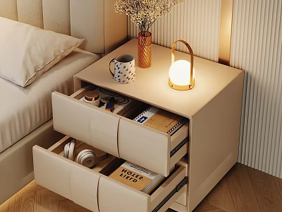 Modern Beige Bedside Table With Drawers Headphones Books Mug Lamp And Vase 3d model