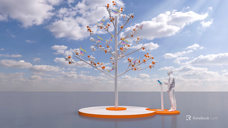 3D Render Tree With Colorful Nodes Human Using Tablet On Circular Platform Blue Sky Clouds 3d model 