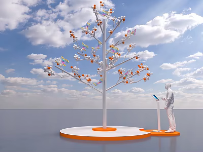 3D Render Tree With Colorful Nodes Human Using Tablet On Circular Platform Blue Sky Clouds 3d model