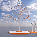 3D Render Tree With Colorful Nodes Human Using Tablet On Circular Platform Blue Sky Clouds