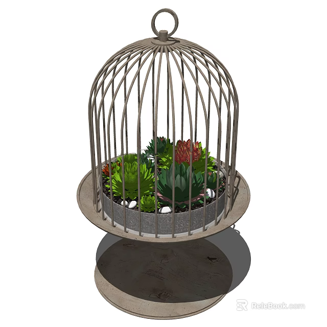 Bonsai Potted Plants In Metal Birdcage Container With Succulents And Round Base 3d model 
