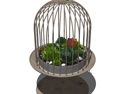 Bonsai Potted Plants In Metal Birdcage Container With Succulents And Round Base 3d model