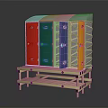 Colorful Storage Lockers With Red Green Blue Yellow Doors On Wooden Stand