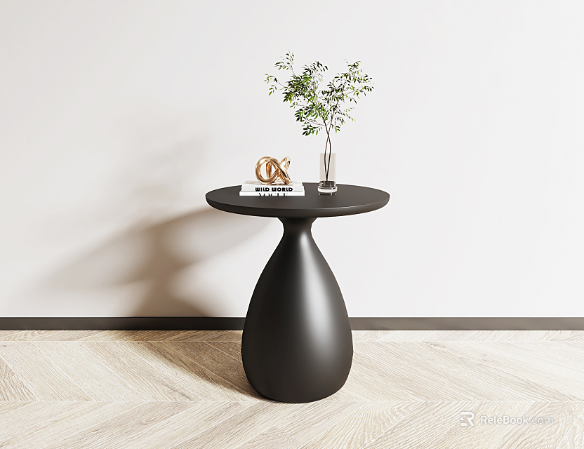 Modern Black Side Table With Teardrop Base Round Top And Green Plant Decor 3d model 