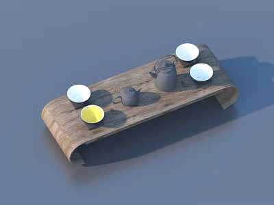 Stylish Tea Set With Teapot Cups And Yellow Bowl On Wooden Tray 3d model