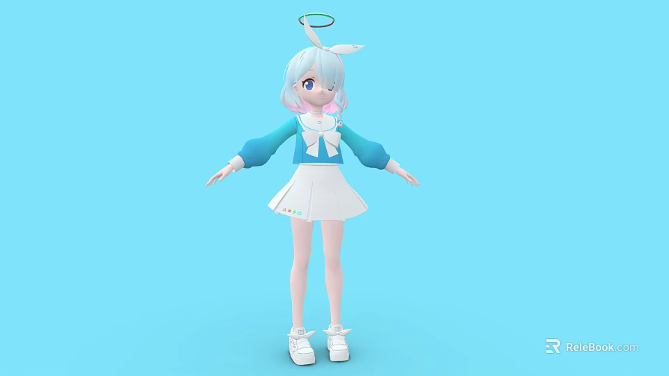 3D Girl Character With White Hair Blue Eyes Halo White Dress And Blue Sleeves 3d model 
