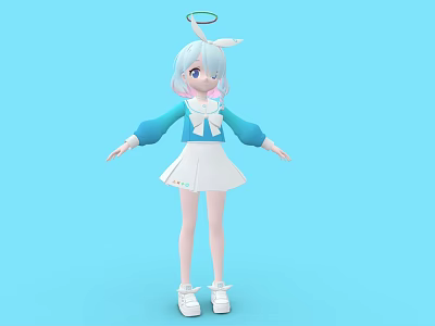 3D Girl Character With White Hair Blue Eyes Halo White Dress And Blue Sleeves 3d model