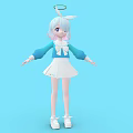 3D Girl Character With White Hair Blue Eyes Halo White Dress And Blue Sleeves