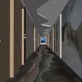 Elegant Hotel Corridor Interior Design Featuring Recessed Lighting Artistic Carpet And Decorative Walls