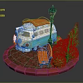 Blue And White Volkswagen Van With Orange Roof Rack Street Lamp Bench Green Bushes