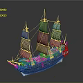 Detailed Sailboat Model With Multiple Masts Detailed Sails And Decorated Hull On Dark Background