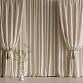 Elegant Beige Striped Curtains With Tassel Tiebacks And Decorative Plant