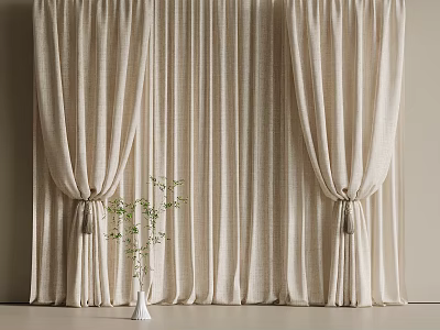 Elegant Beige Striped Curtains With Tassel Tiebacks And Decorative Plant 3d model