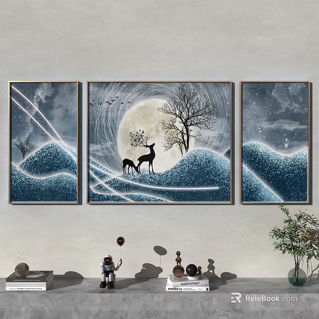 Three Panel Wall Art With Full Moon Tree Deer Mountain And Blue Wave Lines 3d model
