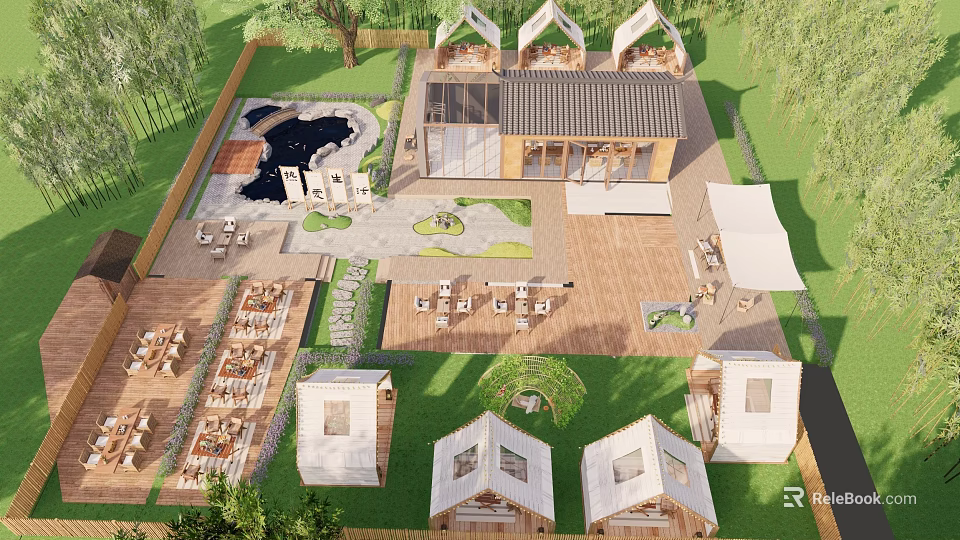 Park Landscape with Multiple Cottages Green Lawn Water Pond Patio and Outdoor Seating Areas 3d model 