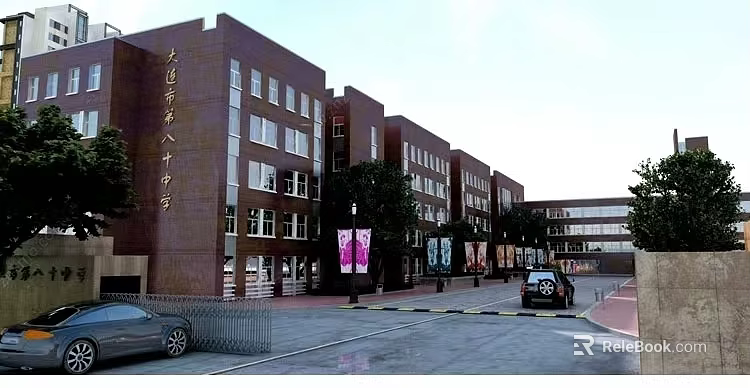 Red Brick School Building with Multiple Floors Windows Campus Road Vehicle and Sign 3d model 