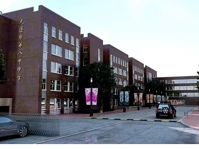 Red Brick School Building with Multiple Floors Windows Campus Road Vehicle and Sign 3d model