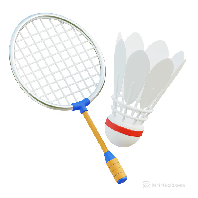 High Quality Badminton Sports Equipment With Racket Blue Handle And Shuttlecock Red White Stripes 3d model 