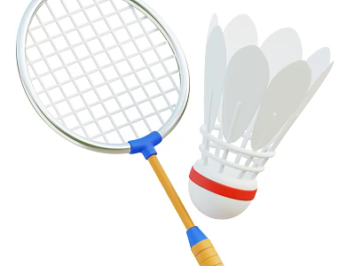 High Quality Badminton Sports Equipment With Racket Blue Handle And Shuttlecock Red White Stripes 3d model