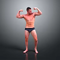 Shirtless Muscular Man Flexing Biceps in Black Underwear on Gray Background