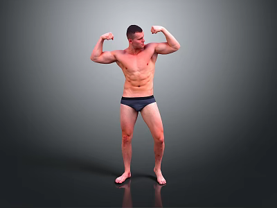 Shirtless Muscular Man Flexing Biceps in Black Underwear on Gray Background 3d model