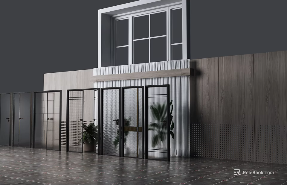 Modern Building Entrance With Large Windows Metal Doors Plants Wooden And Perforated Walls 3d model 