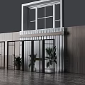 Modern Building Entrance With Large Windows Metal Doors Plants Wooden And Perforated Walls