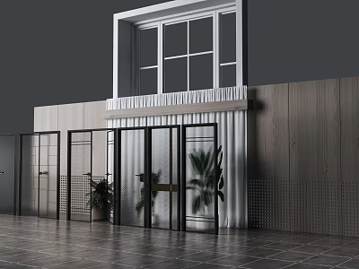 Modern Building Entrance With Large Windows Metal Doors Plants Wooden And Perforated Walls 3d model