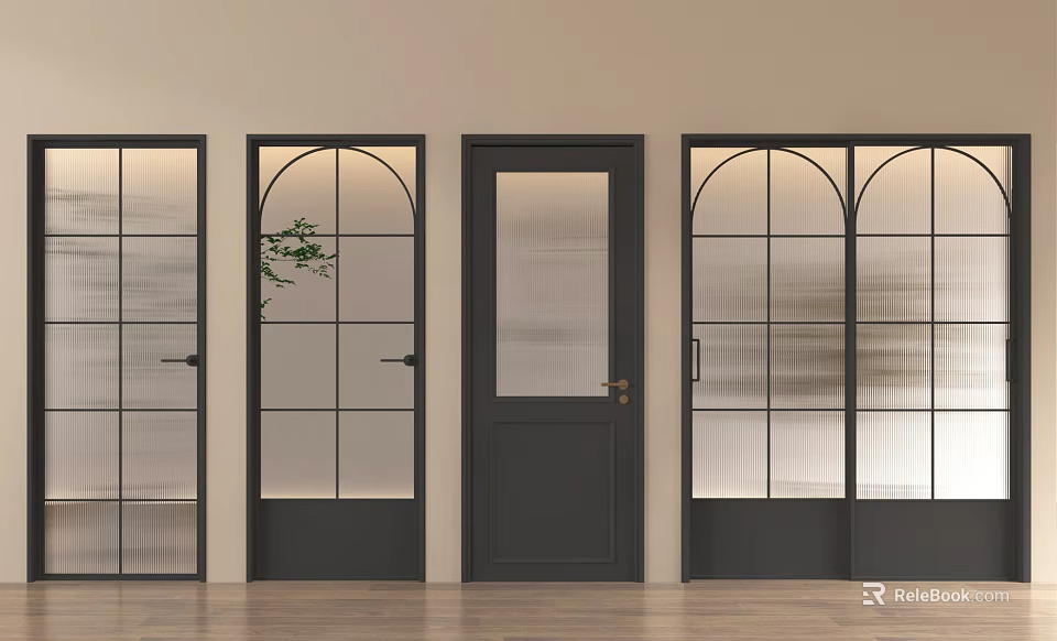 Black Double Doors With Glass Panels Featuring Light Beige Walls And Wooden Floor 3d model 