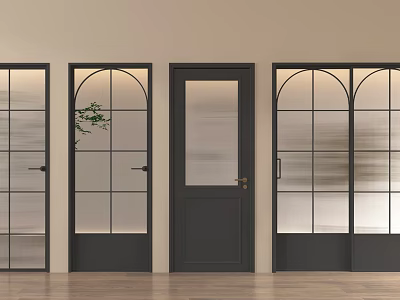 Black Double Doors With Glass Panels Featuring Light Beige Walls And Wooden Floor 3d model