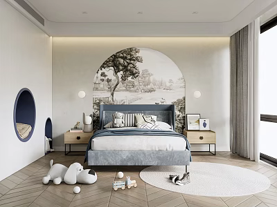 Cozy Kids Room Interior With Arched Mural Bed Nightstands Toys And Wooden Floor Rug 3d model