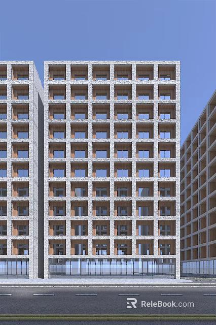 Modern Residential Building Exterior with Regular Window Arrangement and Brick Facade Against Clear Blue Sky 3d model 