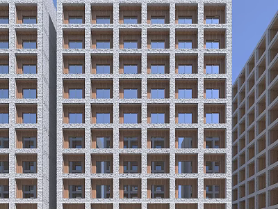 Modern Residential Building Exterior with Regular Window Arrangement and Brick Facade Against Clear Blue Sky 3d model