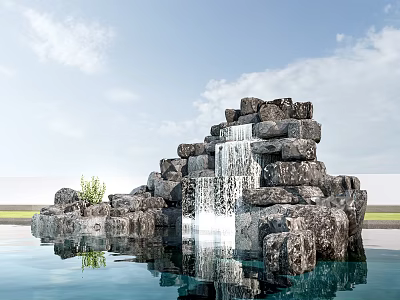 Natural Stone and Wood Waterfall Feature with Pond Reflection and Greenery 3d model