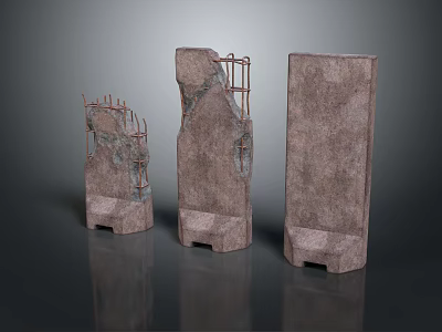 Three Rough Concrete Construction Components With Exposed Reinforcement Bars And Textured Surfaces 3d model