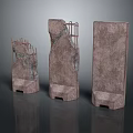 Three Rough Concrete Construction Components With Exposed Reinforcement Bars And Textured Surfaces
