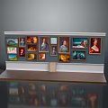 Elegant Reception Desk Featuring Polished Reflective Top And Wall With Various Artworks